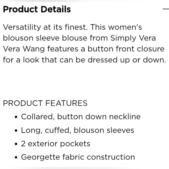 Simply Vera Vera Wang Button Front Blouson Sleeve Blouse NWOT - Picture 11 of 12